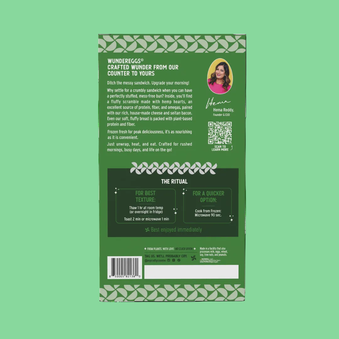 The back of a green WonderEggs Protein Bun box featuring product details