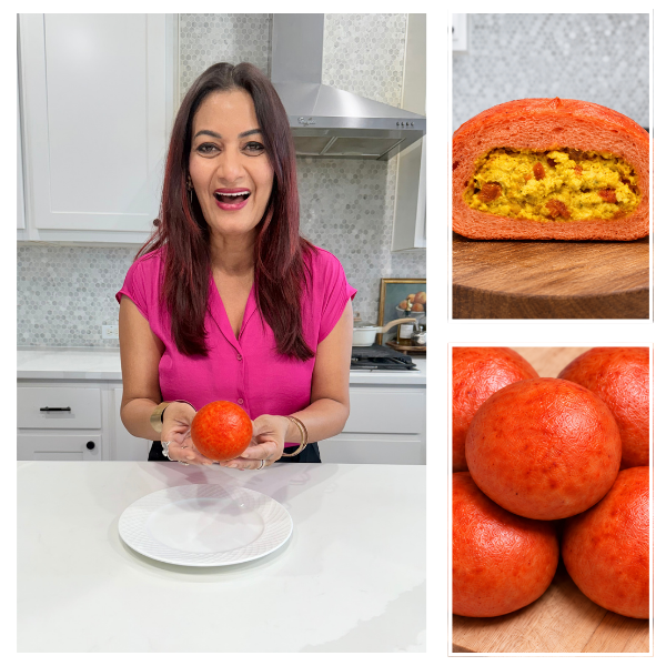 WunderEggs founder Hema Reddy holding a Bacon, Egg & Cheese Protein Bun. Another view shows the inside and outsides of the buns.